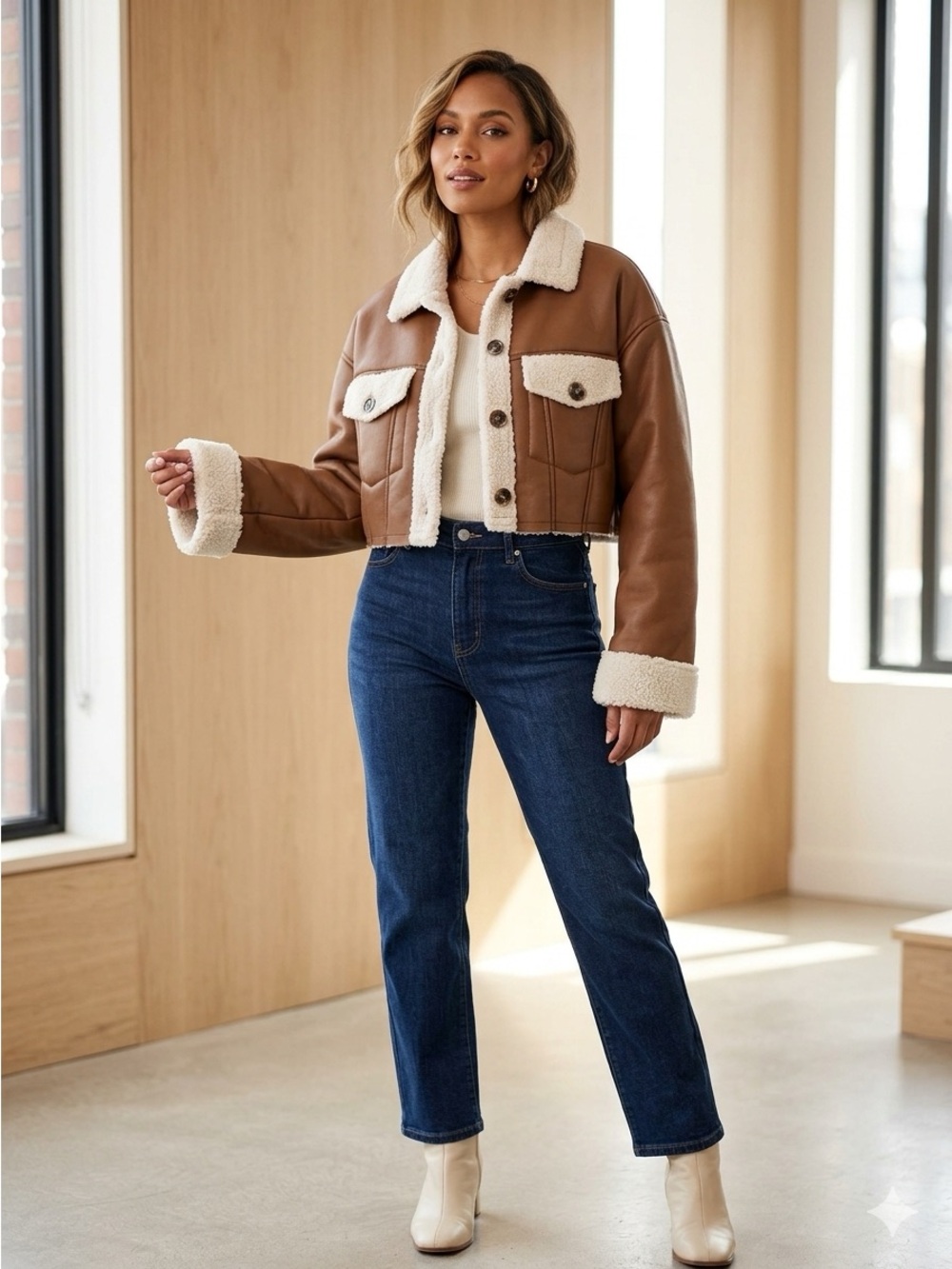 Camellia Cropped Faux-Leather Sherpa Jacket in Brown